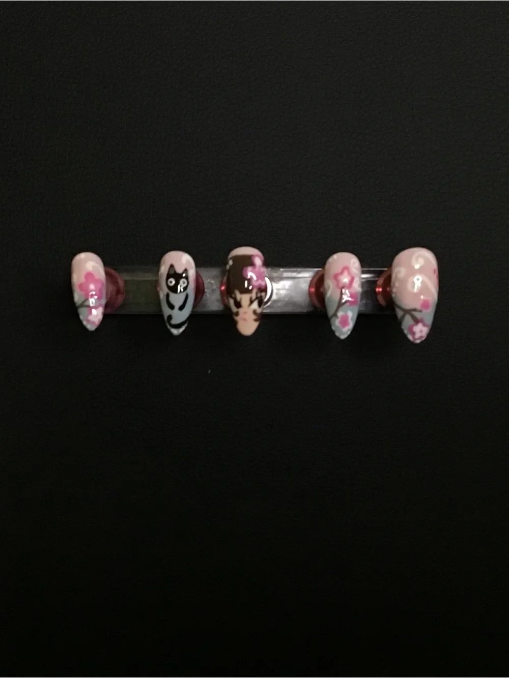 Hand-Painted Pink Floral & Character Press-On Nails